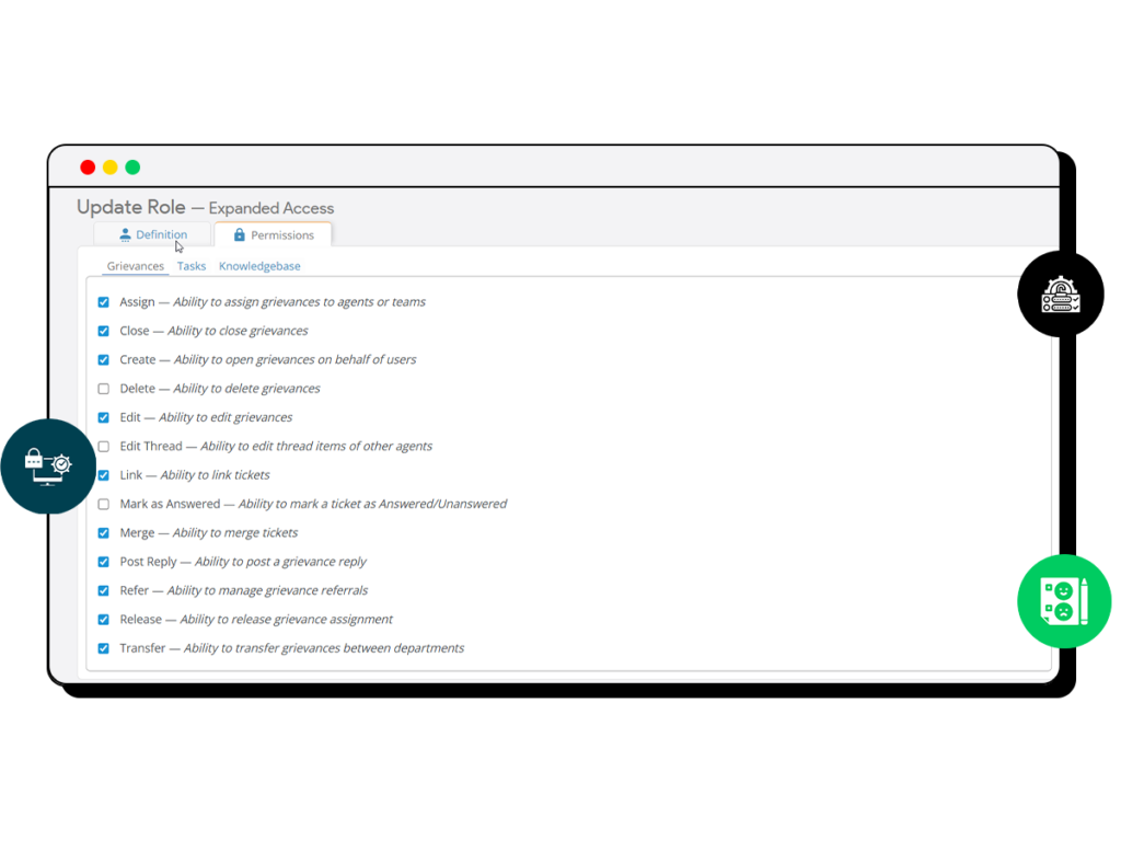 Grievance Features: Role-based access control settings showing granular permissions within the Grievance.app platform.