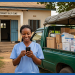 Nurse in Sierra Leone using mobile phone to report drug availability via RapidPro Sierra Leone SMS tracking system