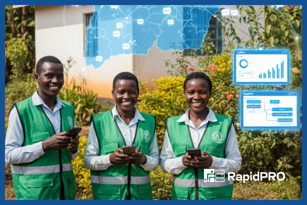 Community health workers in Uganda using RapidPro digital health Uganda via mHero SMS alerts with tablets and dashboards for real-time coordination.