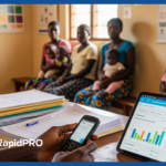 RapidPro Nutrition Monitoring in Mozambique: health worker using a feature phone and tablet dashboard to submit real-time nutrition data while mothers wait with children.