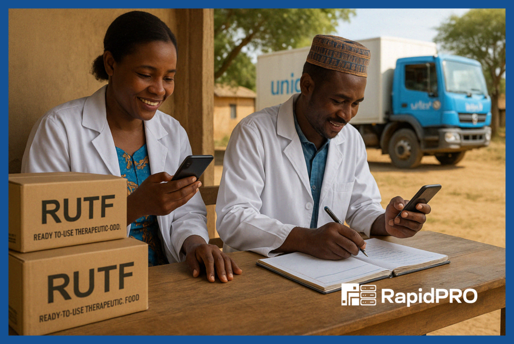 Health workers in Chad using RapidPro SMS Supply Chain SMS alerts to confirm RUTF deliveries, improving supply transparency and preventing stockouts.