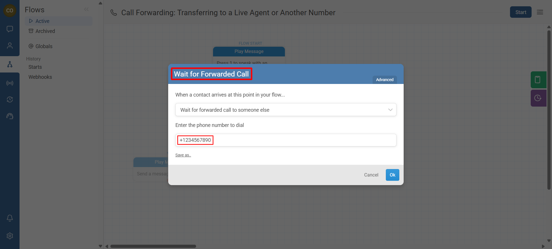 Add the Wait for Forwarded Call split action