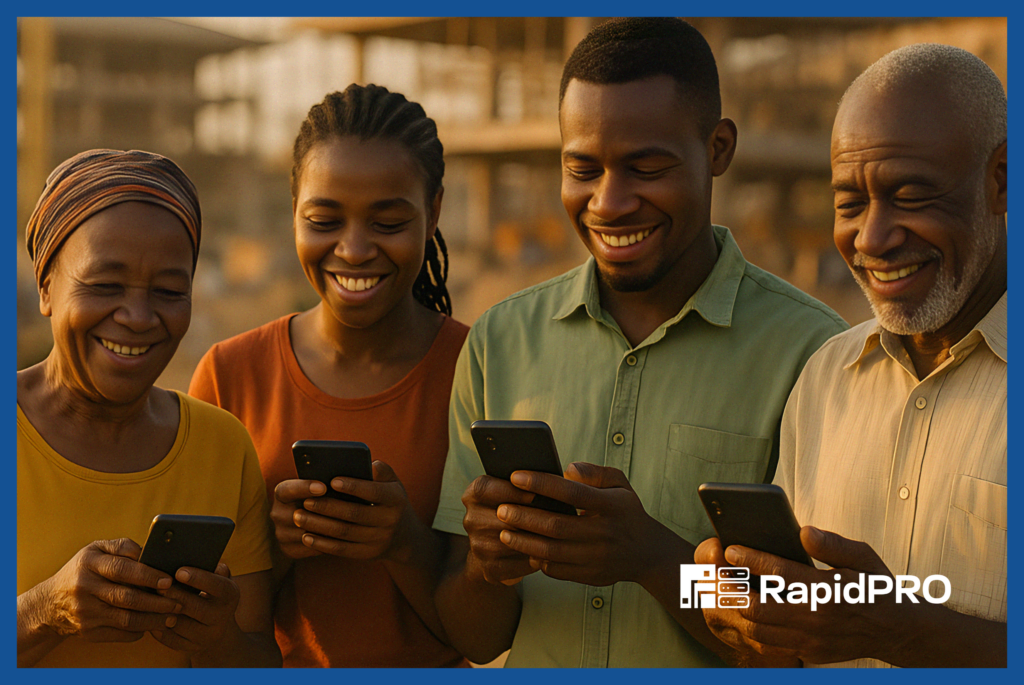 Digital Inclusion Through RapidPro Scaling High Volume Smiling African users engaging with RapidPro on mobile devices, illustrating RapidPro Scaling High Volume for national health and outreach campaigns.