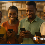 Smiling African users engaging with RapidPro on mobile devices, illustrating RapidPro Scaling High Volume for national health and outreach campaigns.