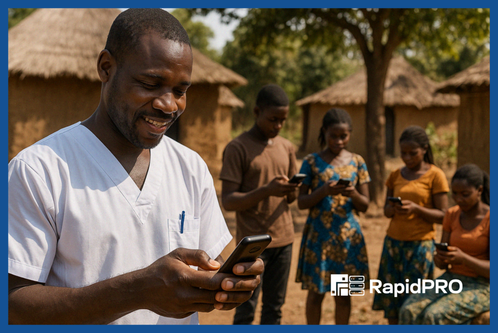 Interactive SMS vs Bulk SMS illustrated by African health worker and villagers using mobile phones in a rural community engagement context.