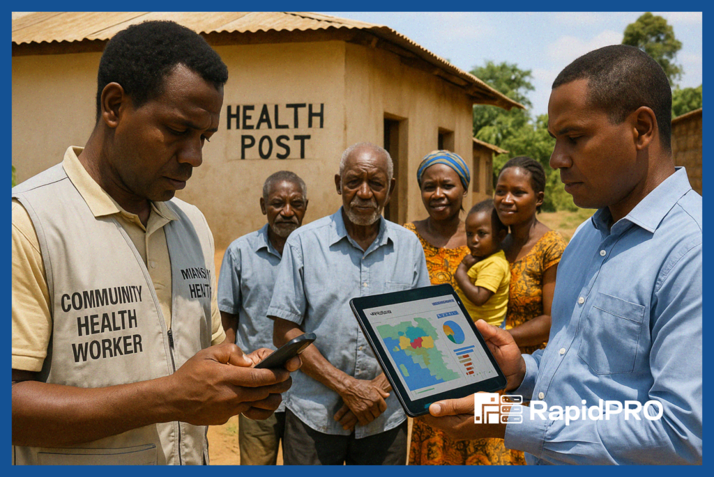 Community health worker in Burundi sending cholera alert via SMS using RapidPro Burundi, with Ministry of Health officer reviewing live dashboard on a tablet.