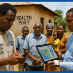 Community health worker in Burundi sending cholera alert via SMS using RapidPro Burundi, with Ministry of Health officer reviewing live dashboard on a tablet.