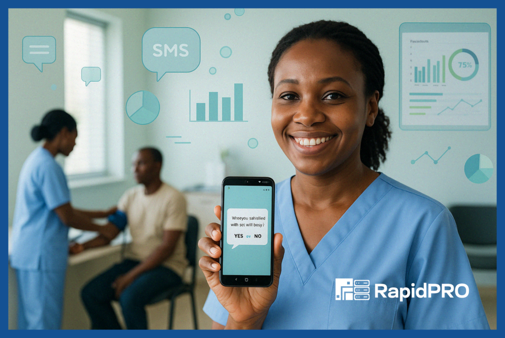RapidPro Eswatini – Real Time SMS Health Feedback System A nurse in an Eswatini clinic smiling while holding a mobile phone showing an SMS survey, representing RapidPro Eswatini’s real-time patient feedback system improving healthcare accountability.