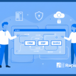 Vector illustration showing CRM, ERP, and DHIS2 integration through the RapidPro Integration API for seamless data synchronization.