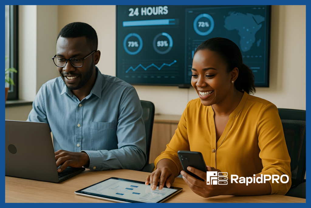 RapidPro Quick Deployment in Africa – Fast Communication Setup 1 African NGO and government officers using RapidPro dashboards to launch a communication platform in under 24 hours, symbolizing rapid deployment and teamwork. RapidPro Quick Deployment