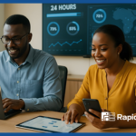 African NGO and government officers using RapidPro dashboards to launch a communication platform in under 24 hours, symbolizing rapid deployment and teamwork. RapidPro Quick Deployment