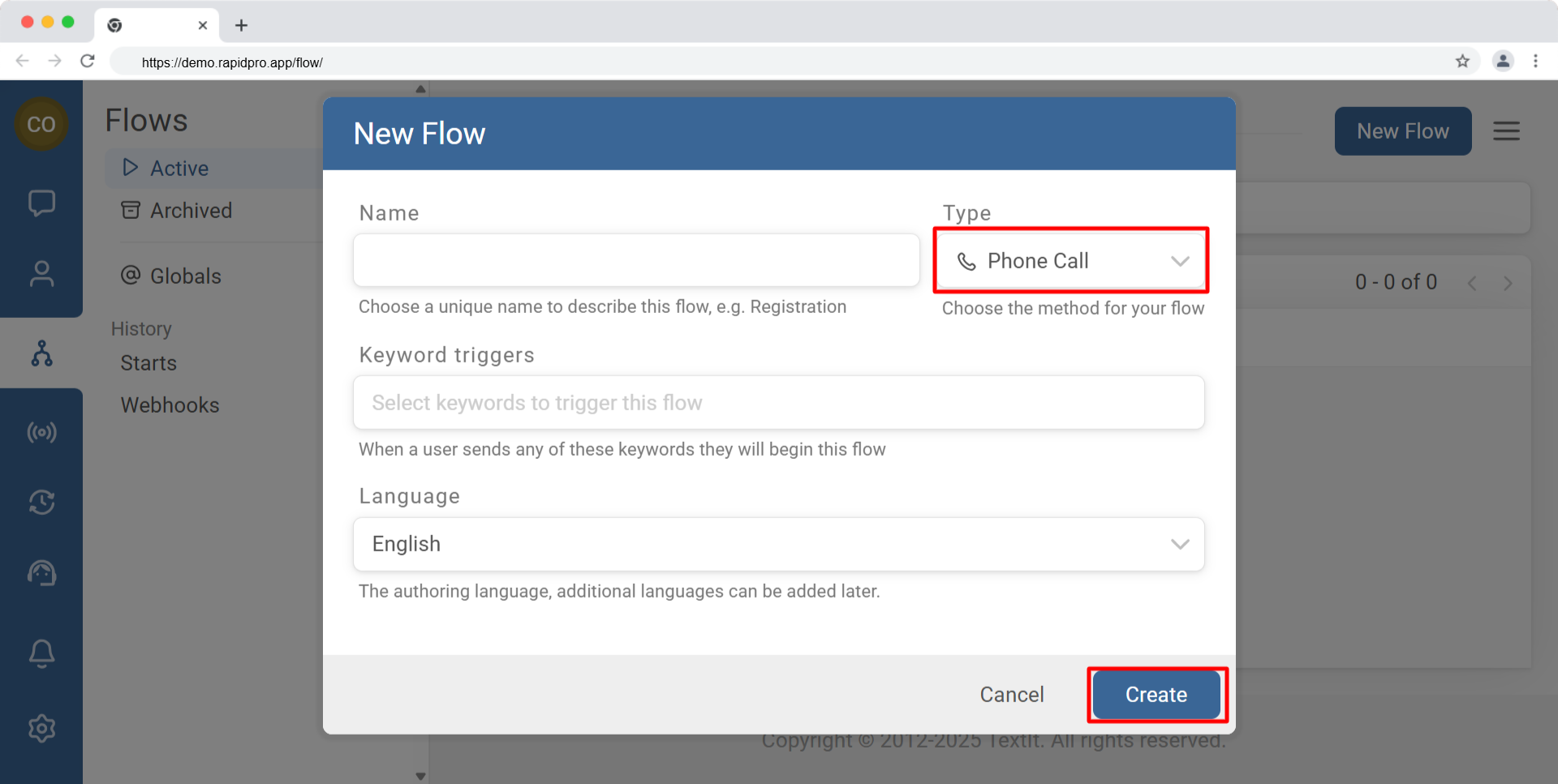Select the Voice Phone Call flow type