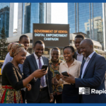 African citizens engaging with mobile phones during a government digital campaign, illustrating effective citizen engagement powered by RapidPro.