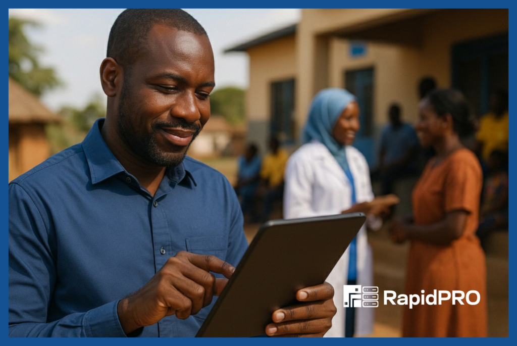 African NGO field agent using a digital messaging platform to manage Unlimited Messages in rural and urban communities with RapidPro.