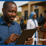 African NGO field agent using a digital messaging platform to manage Unlimited Messages in rural and urban communities with RapidPro.