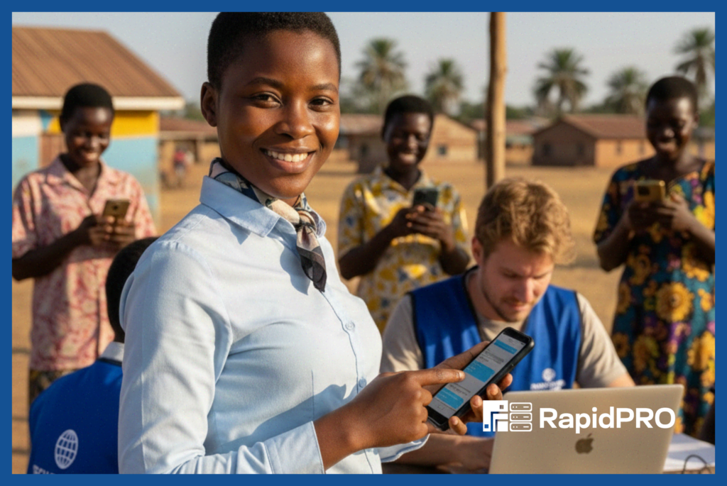 NGO staff using Unlimited RapidPro Hosting for scalable mobile communication in the field