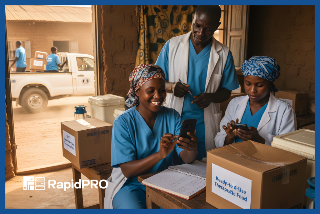 Healthcare workers in an African community using mobile phones as part of a National SMS Platform powered by RapidPro App to scale communication from pilot to nationwide rollout.