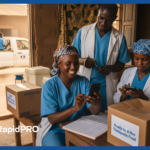 Healthcare workers in an African community using mobile phones as part of a National SMS Platform powered by RapidPro App to scale communication from pilot to nationwide rollout.