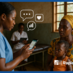 African health worker using mobile messaging for real-time reporting with a mother and child in a clinic, illustrating RapidPro for Health community monitoring.