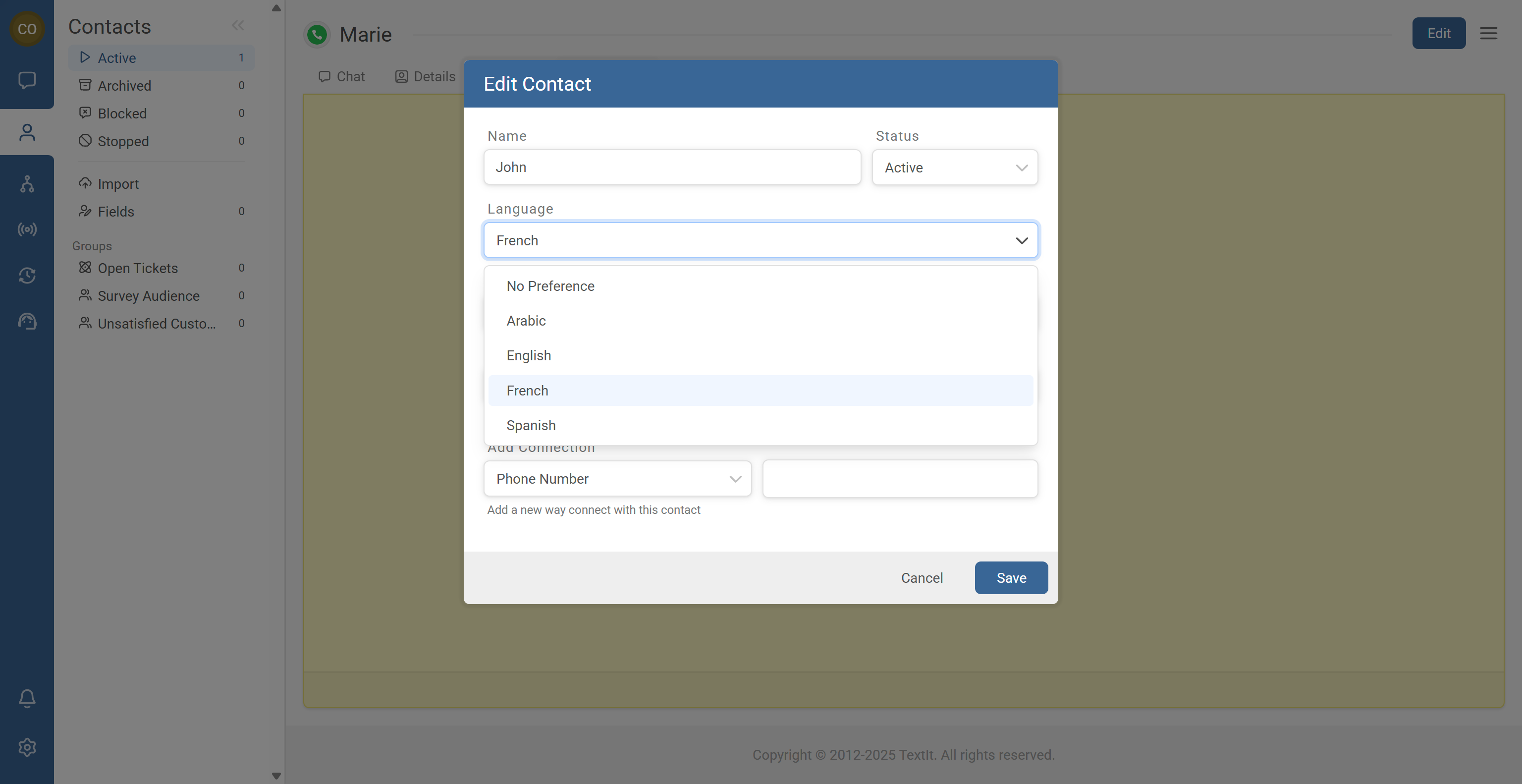 Contact profile screen showing a language field where the contacts preferred language is set