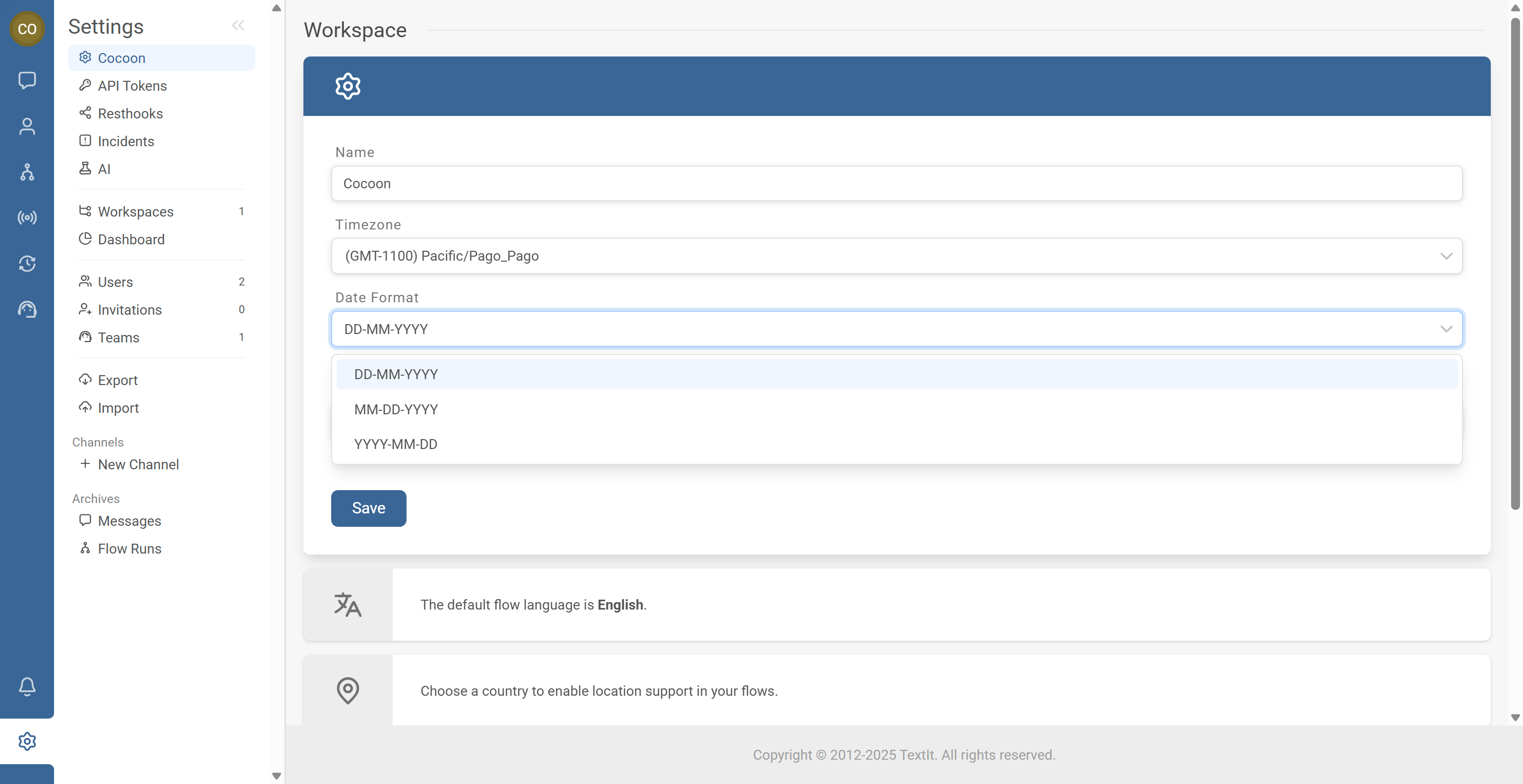 Date format selector showing DDMMYYYY selected with a Save button visible