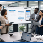 Enterprise messaging workflow automation with RapidPro App displayed on a screen in a modern corporate office environment