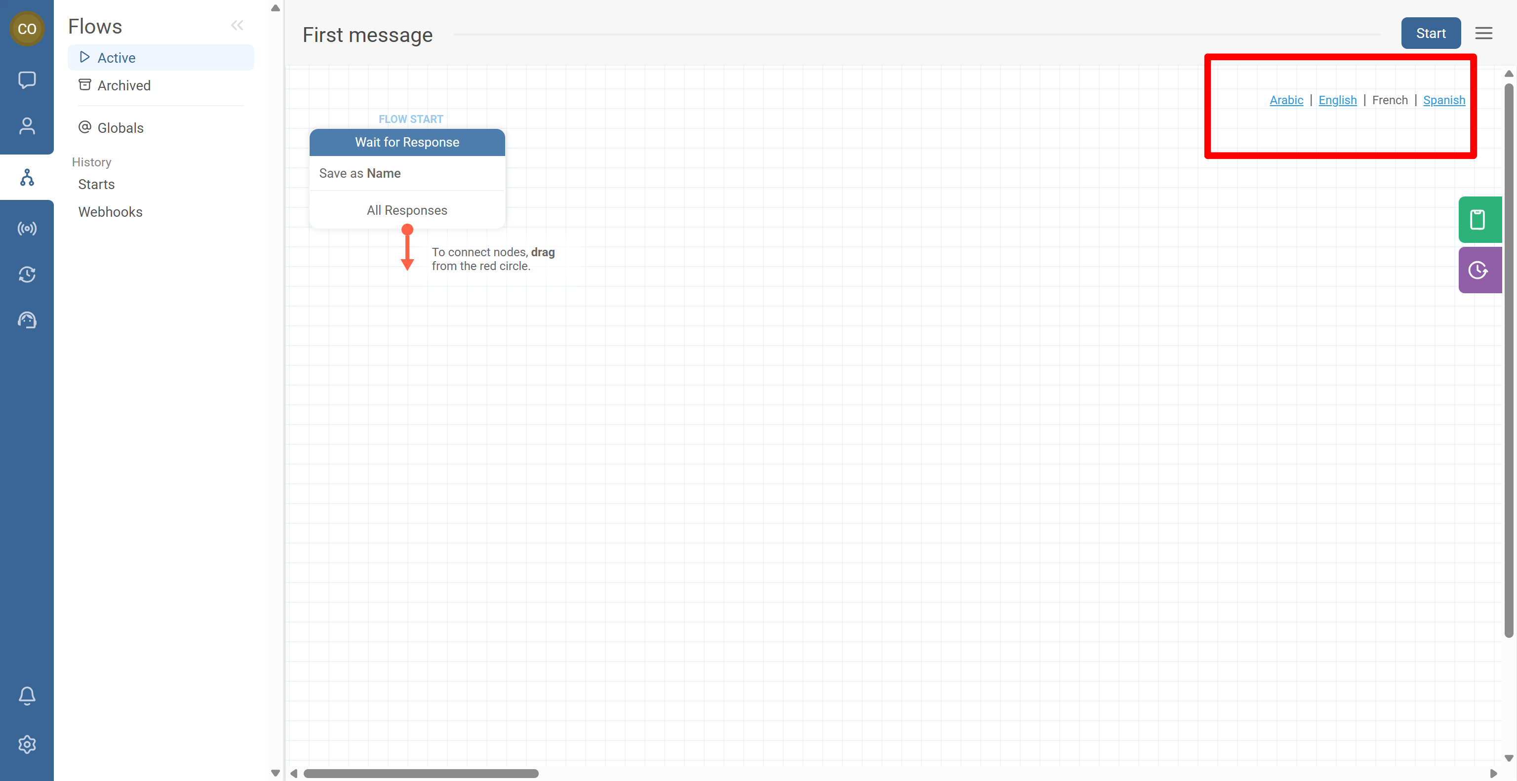 Flow editor showing the language bar under the Start button