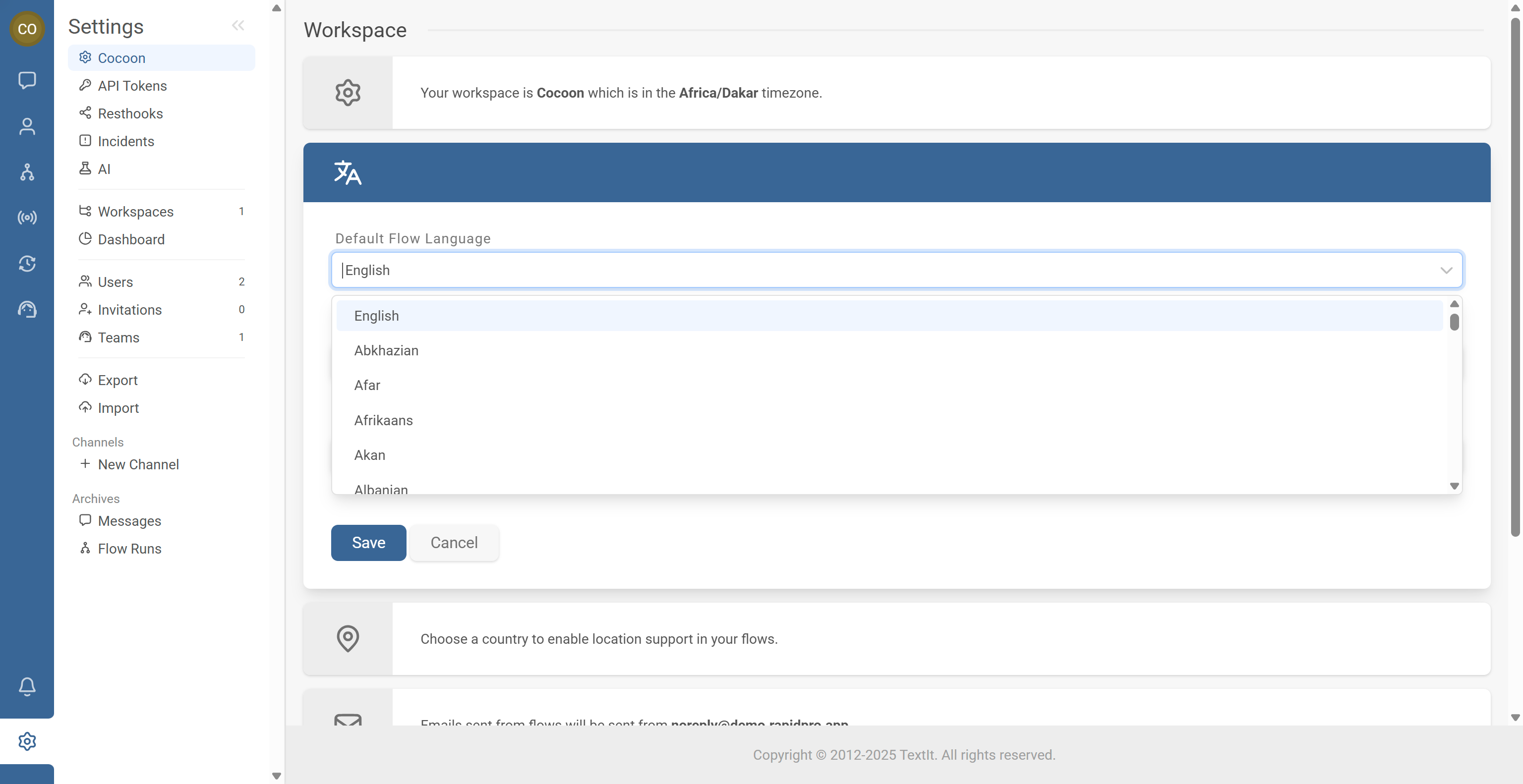Language settings screen showing a dropdown for Default language with one language selected