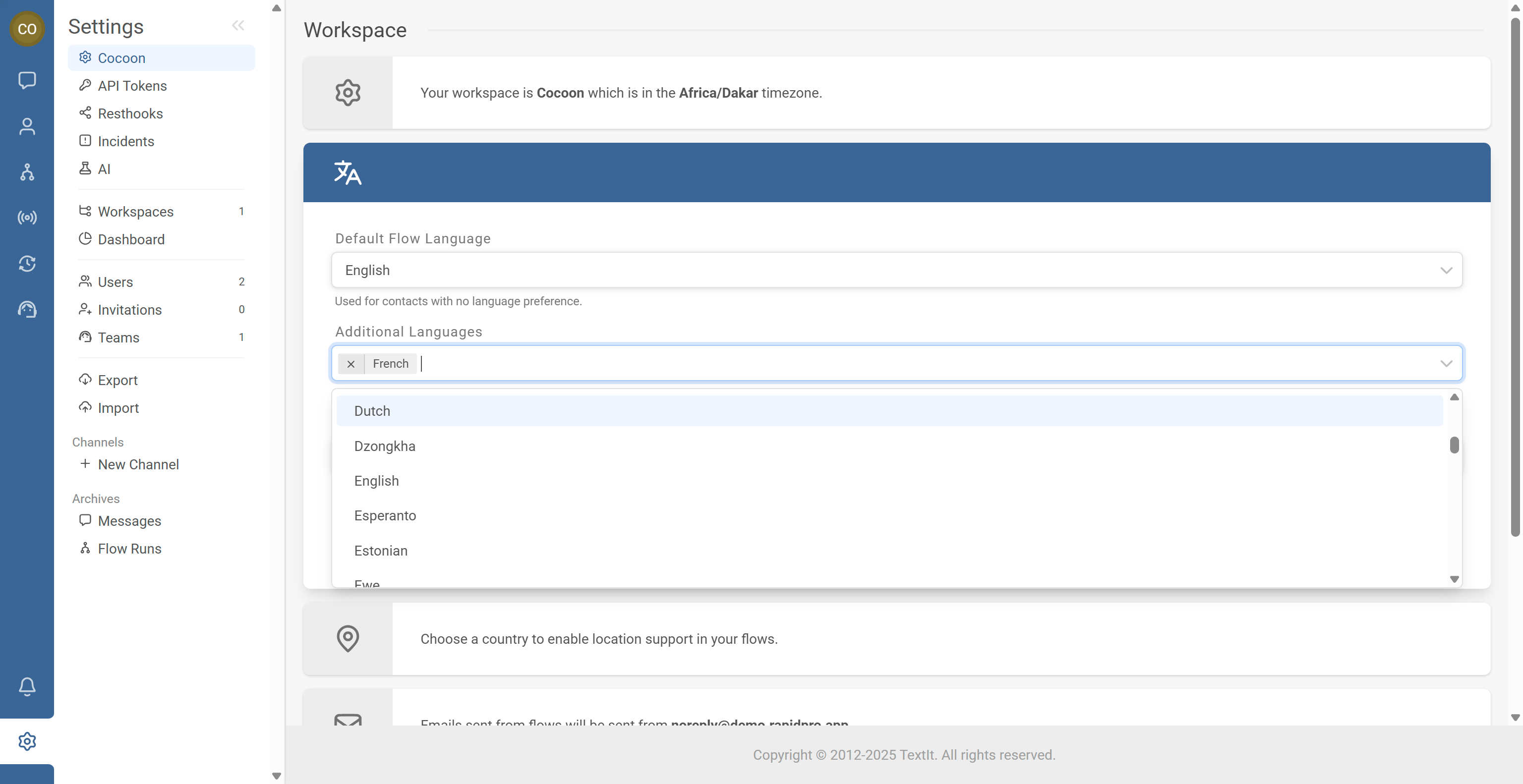 Settings view showing an Additional languages section with a dropdown and one or more languages added