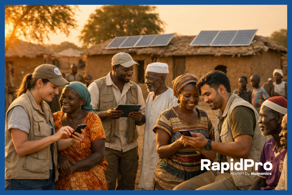 Messaging platform for NGOs in action: humanitarian workers using mobile devices to communicate with rural community members in African village with solar panels