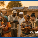 Messaging platform for NGOs in action: humanitarian workers using mobile devices to communicate with rural community members in African village with solar panels