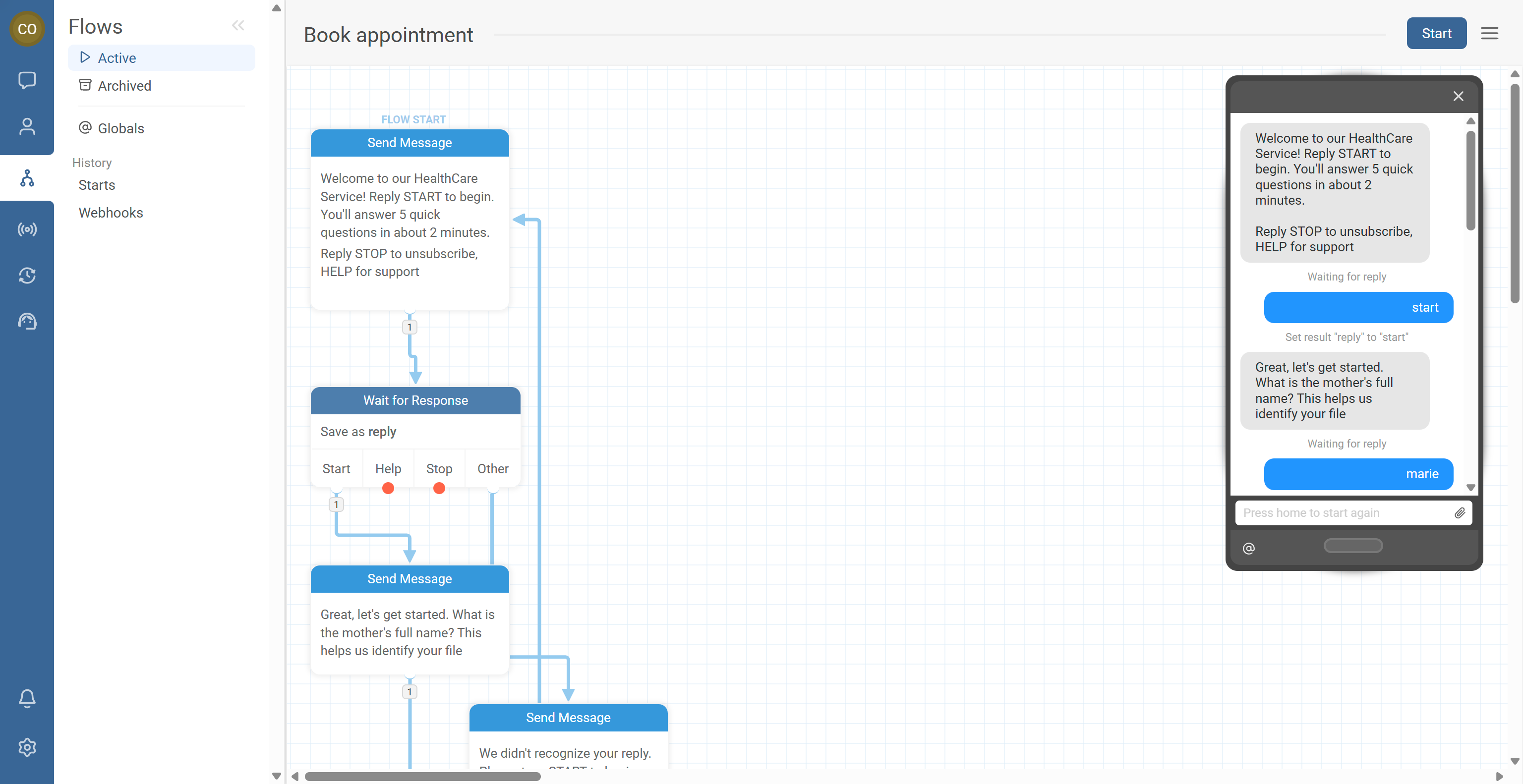 Simulator panel showing a flow test with messages and the action log