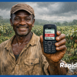 Ivorian cocoa farmer smiling in rainy field displays basic mobile phone showing agricultural advisory campaign SMS messages including PLANTED status, PEST alert, and YIELD data from RapidPro App, demonstrating climate-adaptive farming communication system for small-scale farmers in Ivory Coast