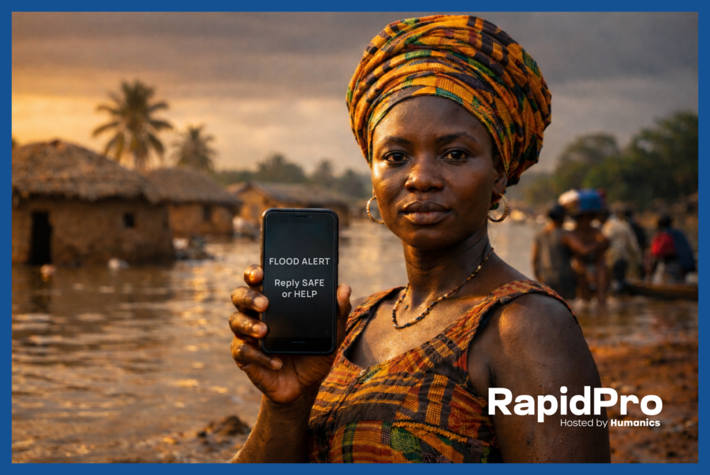 Ghanaian woman holding a smartphone displaying a flood early warning system SMS alert — "FLOOD ALERT: Reply SAFE or HELP" — standing in floodwaters in a rural Ghanaian village, powered by RapidPro App.