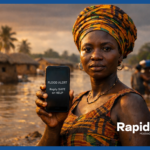 Ghanaian woman holding a smartphone displaying a flood early warning system SMS alert — "FLOOD ALERT: Reply SAFE or HELP" — standing in floodwaters in a rural Ghanaian village, powered by RapidPro App.