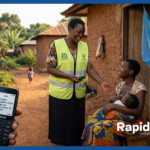 Malaria prevention in Tanzania: a community health worker shares an SMS reminder via a basic Tecno phone with a rural mother and her infant beside an insecticide-treated bed net.