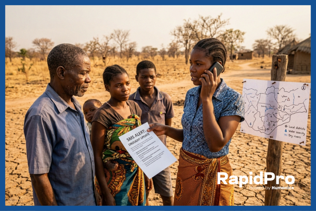 Zambian community health worker sharing a drought early warning system SMS alert with rural villagers on cracked, dry land in Southern Province, Zambia
