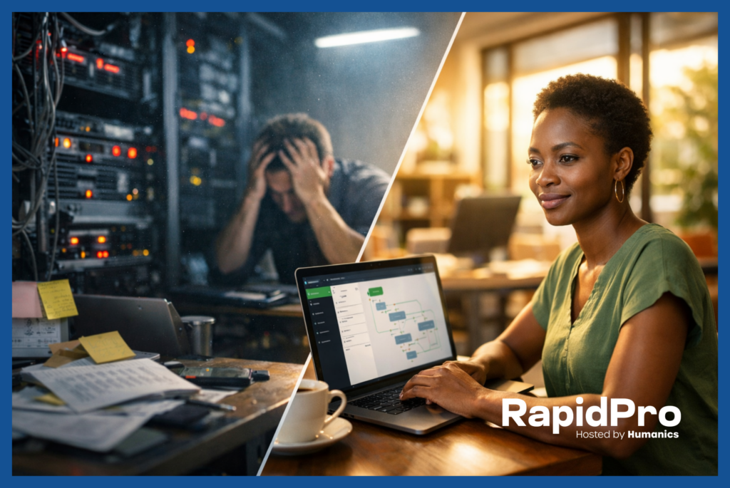 RapidPro Deployment Comparison Showing Self-Hosting Server Room Stress vs Managed Hosting Ease With RapidPro Flow Builder on Laptop