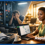 RapidPro Deployment Comparison Showing Self-Hosting Server Room Stress vs Managed Hosting Ease With RapidPro Flow Builder on Laptop