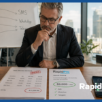 IT director comparing enterprise bulk SMS platform invoices — per-message pricing at $17,200 versus RapidPro flat-rate annual pricing at $9,000 per year with SMS, WhatsApp, and Telegram channels on whiteboard