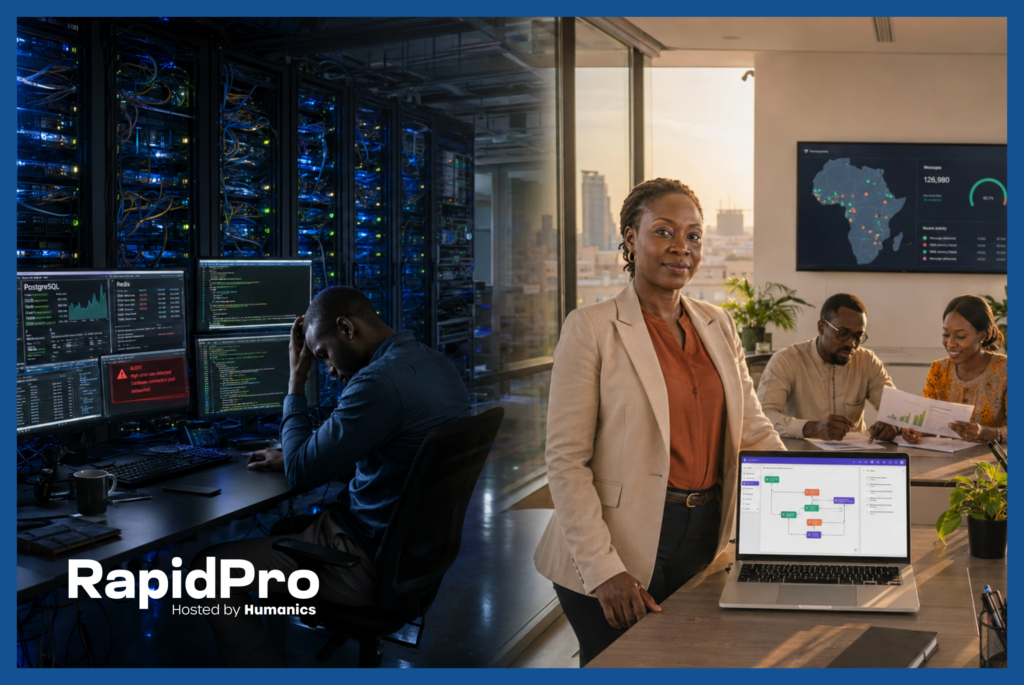 Split image showing the contrast between self-hosted RapidPro infrastructure — an overwhelmed IT engineer in a dark server room monitoring PostgreSQL and Redis alerts — and managed enterprise RapidPro hosting through RapidPro.app — a confident program director in a bright modern office with a drag-and-drop flow builder and Africa message delivery dashboard