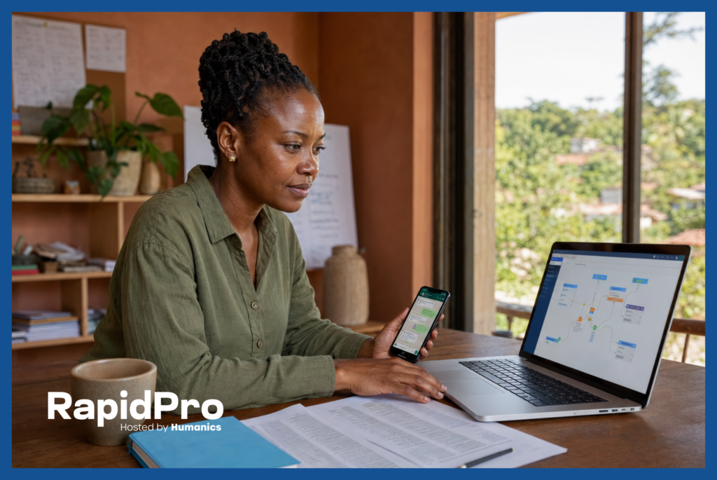 NGO program manager reviewing a RapidPro messaging platform flow builder on laptop while checking WhatsApp campaign on phone