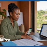 NGO program manager reviewing a RapidPro messaging platform flow builder on laptop while checking WhatsApp campaign on phone
