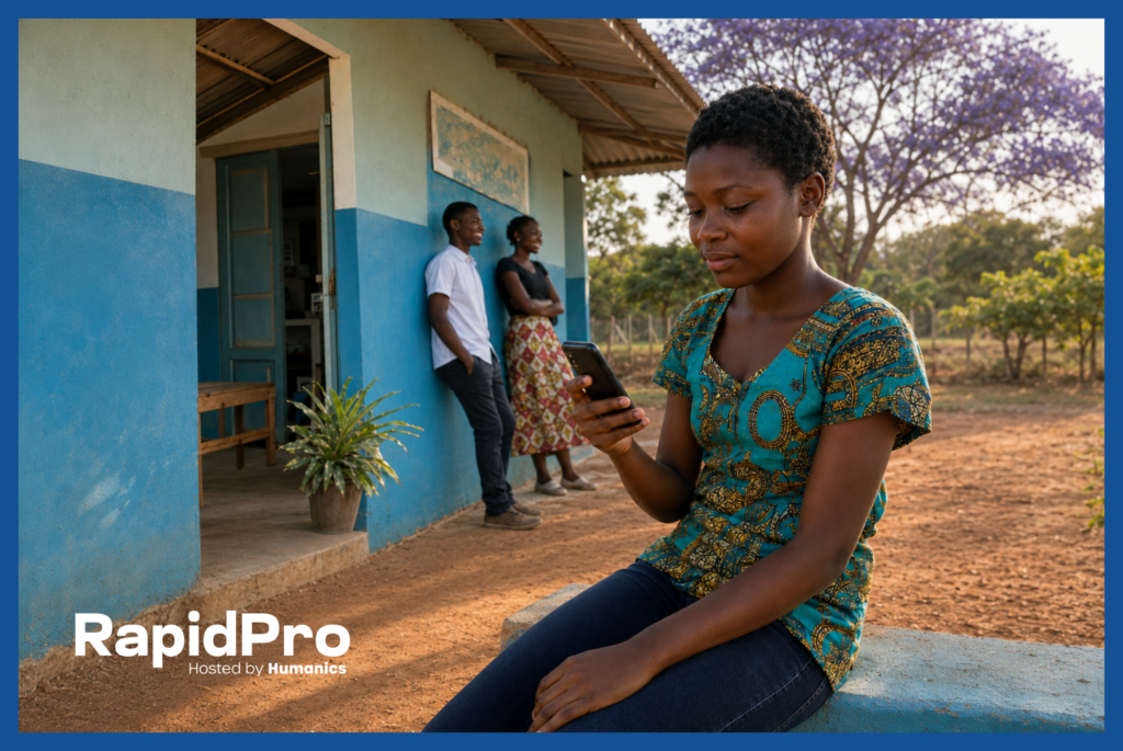 U Report Zambia RapidPro Adolescent SMS HIV Testing Community Health Center.png Zambian adolescent girl reading an HIV counseling SMS on her phone outside a community health center, powered by U-Report RapidPro