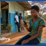 Zambian adolescent girl reading an HIV counseling SMS on her phone outside a community health center, powered by U-Report RapidPro