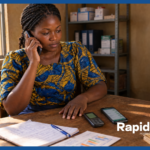 A community health worker in a rural Sahel health center holds a feature phone to her ear for an IVR call while an SMS feature phone and a WhatsApp smartphone sit on her desk — illustrating IVR vs SMS channel selection for low-literacy populations using RapidPro