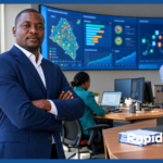 Government ICT director standing in a national digital operations center with large dashboard screens displaying SMS platform analytics, carrier throughput metrics, and country-wide message delivery maps