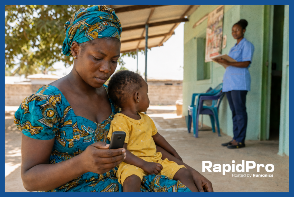 A mother in West Africa replies to a two-way SMS for development programs on her feature phone while a community health worker monitors cases at a rural health center, RapidPro interactive messaging in action