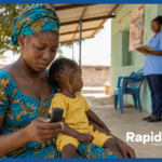 A mother in West Africa replies to a two-way SMS for development programs on her feature phone while a community health worker monitors cases at a rural health center, RapidPro interactive messaging in action