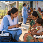 Community health worker SMS system in use: a CHW in Bangladesh logs a child's MUAC result on her phone during a home visit